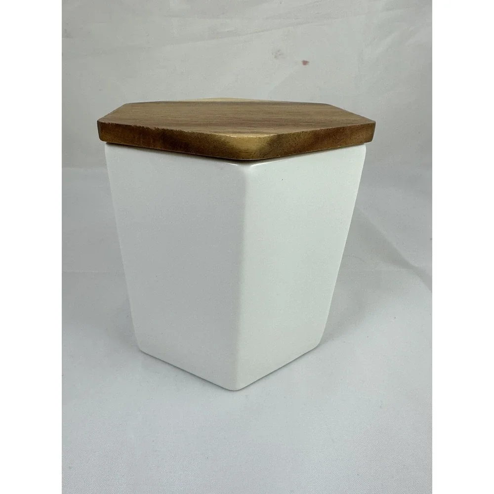 TEAVANA White Hexagon Porcelain Tea Kitchen Storage Canister 6 oz Wooden Lid